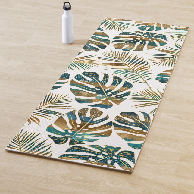 gemusterte tropische Blätter aquamarin und gold Yogamatte (Beispiel)