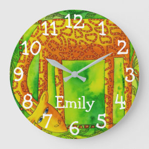 Gemusterte Wasserfarbengiraffe Personalisierter Na Große Wanduhr