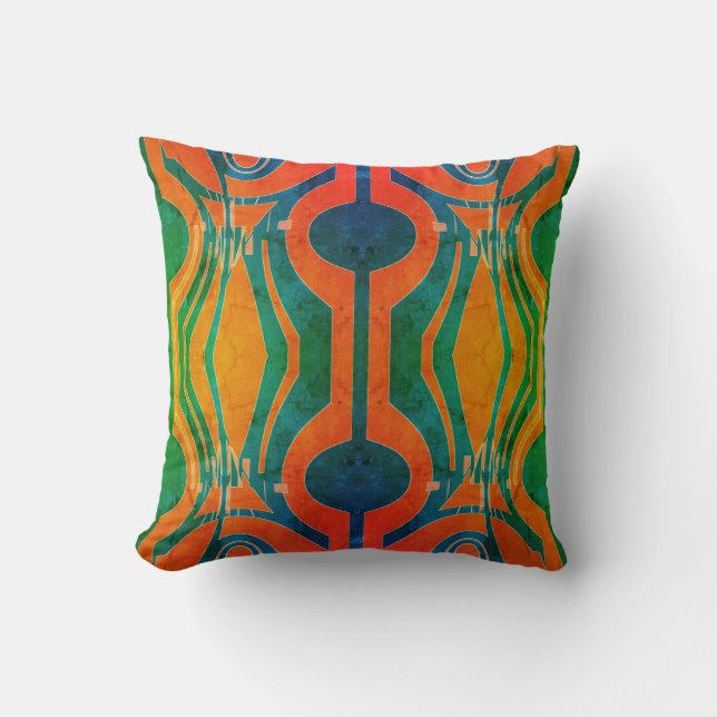 Gemusterte Wirkung Green Blue Orange Curvy Art Mot Kissen (Vorderseite)