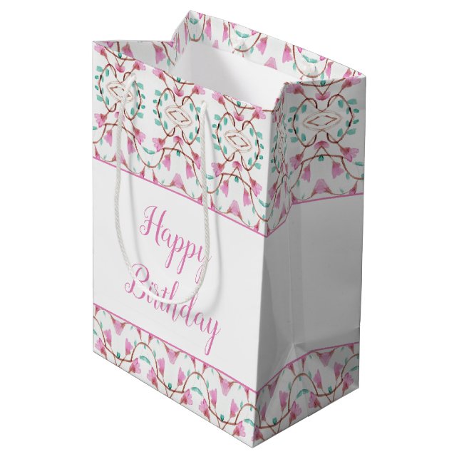 Gemusterter Geschenkbeutel mit Aquamarinem und ros Mittlere Geschenktüte (Rückseite Schrägansicht)