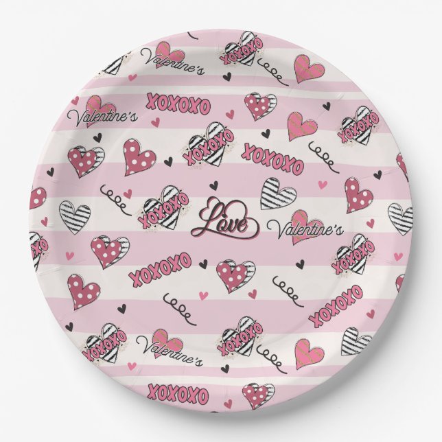Gemusterter XOXO Valentinstag Pappteller (Vorderseite)
