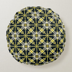 Gemustertes goldenes und weißes geometrisches Desi Rundes Kissen