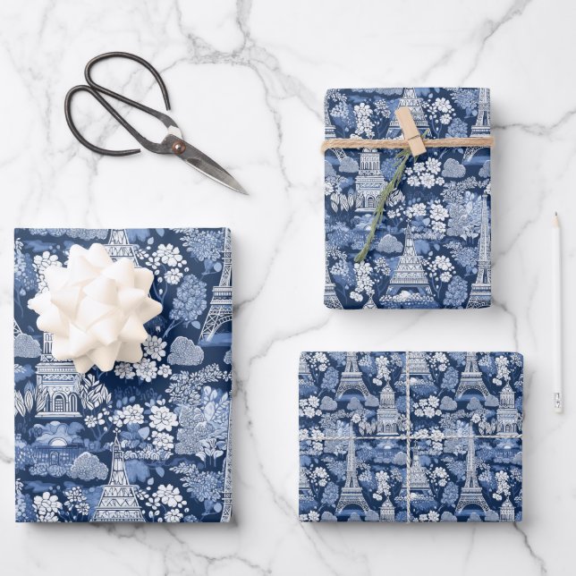 Gemustertes Pariser Blautoilette Geschenkpapier Set (Vorderseite)