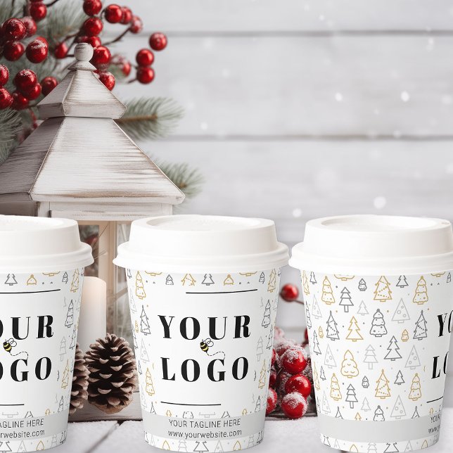 Gemustertes Weihnachtsbaum-Firmenlogo Pappbecher (Logo branded Christmas takeout coffee cups)