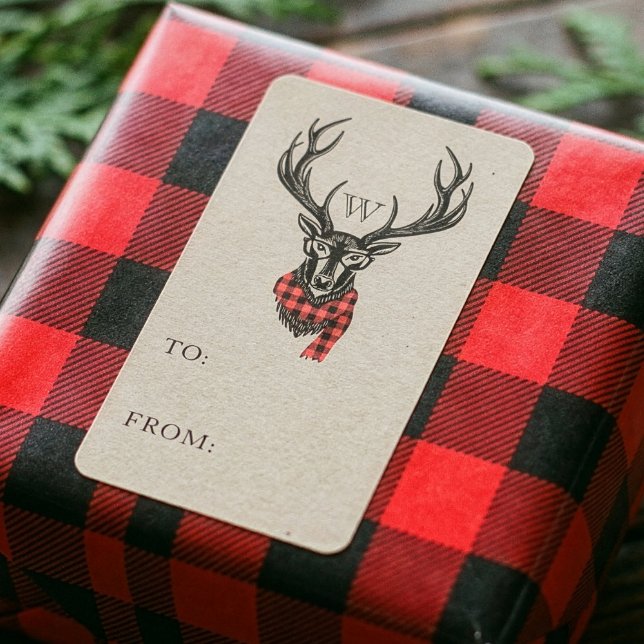 Gemütlich & gemütlich | Rotes Buffalo-Monogramm Ka Adressaufkleber (Cozy & Warm | Red Buffalo Plaid Reindeer Monogram Label)