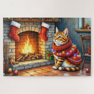 Gemütliche Abessinierkatze am Kamin Weihnachtsbele