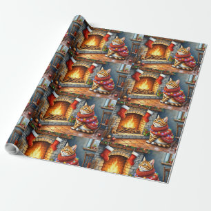 Gemütliche Abessinierkatze am Kamin Weihnachtsbele Geschenkpapier