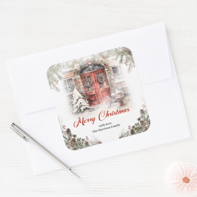Gemütliche Aquarelltür rote Weihnachtsstür im Wint Quadratischer Aufkleber (Umschlag)