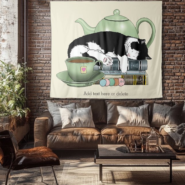 Gemütliche Bücher Katze Smoking Teetasse Süße Grün Wandteppich (Von Creator hochgeladen)