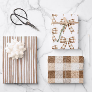 Gemütliche Creme-Kakao-Braun-Streifen-Schleifen-We Geschenkpapier Set