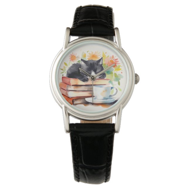 Gemütliche, entspannte Katze in Wasserfarbe Armbanduhr (Vorderseite)