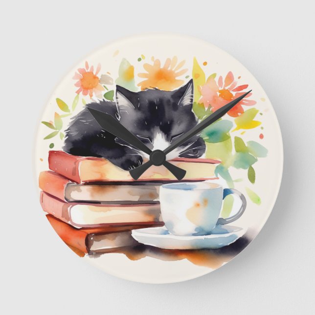 Gemütliche, entspannte Katze in Wasserfarbe Runde Wanduhr (Vorderseite)