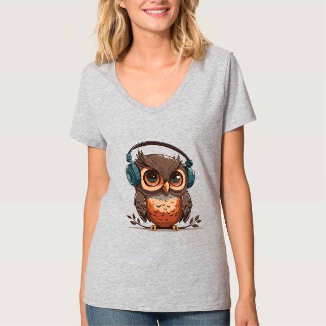 Gemütliche Eule mit Kopfhörern T-Shirt (Vorderseite)
