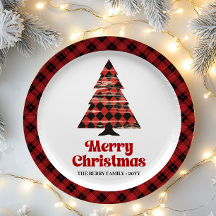 Gemütliche Farmhouse-Karo-Weihnachtsbaum-Papierpla Pappteller