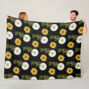 Gemütliche Floral Daisy Sonnenblume auf Schwarz  Fleecedecke