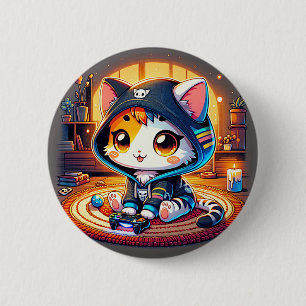 Gemütliche Gamer-Katze in einem Hoodie Button