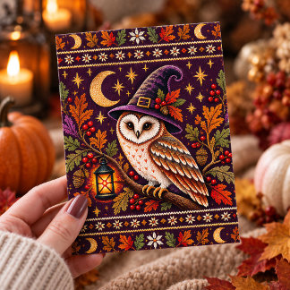 Gemütliche Gestrickte Hexeneule Halloween Herbst K Postkarte