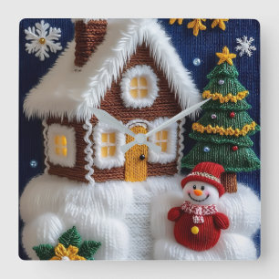 Gemütliche gestrickte Weihnachtshaus- & Schneemann Quadratische Wanduhr