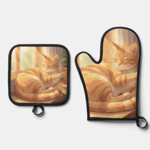 Gemütliche getigerte Katze beim Sonnenbaden Ofenhandschuh & Topflappen-Set