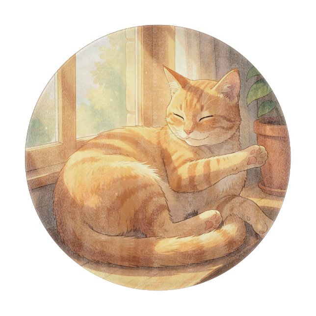 Gemütliche getigerte Katze beim Sonnenbaden  Schneidebrett (Vorderseite)