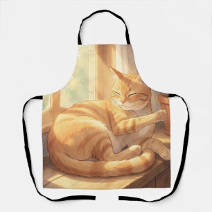 Gemütliche getigerte Katze sonnt sich Schürze