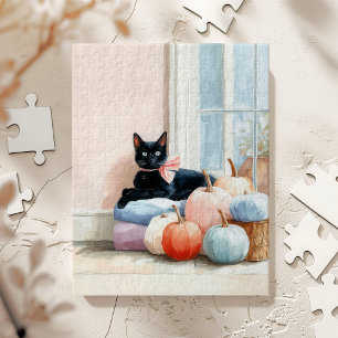 Gemütliche Herbst-Pastell-Kürbisse schwarze Katze