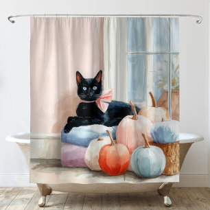 Gemütliche Herbst-Pastell-Kürbisse schwarze Katze Duschvorhang