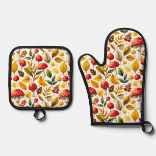Gemütliche Herbst-Pilz-Aquarell-Ofenhandschuh und Ofenhandschuh & Topflappen-Set