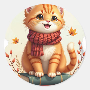 Gemütliche Herbstkatze Buchliebhaber Orange Tabby Runder Aufkleber