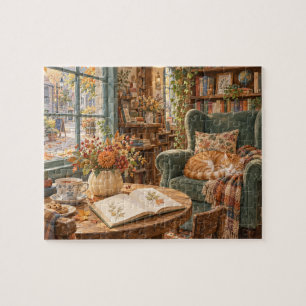 Gemütliche Herbstkatzen-Buchhandlung-Leseecke