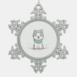 Gemütliche Husky Illustration - Adorable Welpe in  Schneeflocken Zinn-Ornament
