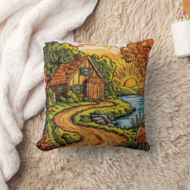 Gemütliche Hütte am Fluss bei Sonnenaufgang Kissen (Decke)