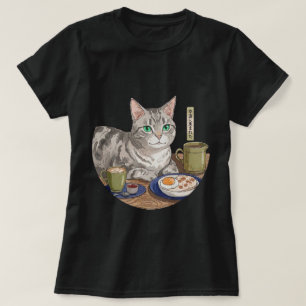 Gemütliche japanische Frühstückstisch-Katzenkunst T-Shirt