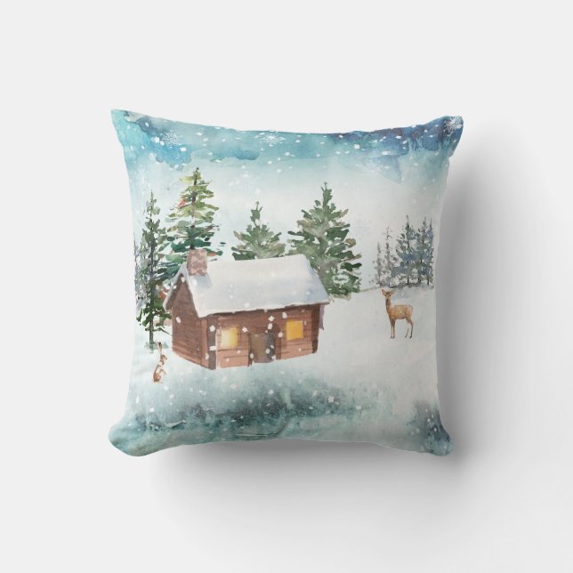 Gemütliche Kabine Winter Wasserfarbe Kissen (Vorderseite)