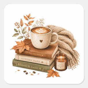 Gemütliche Kaffee Bücher Herbstkunst Quadratischer Aufkleber