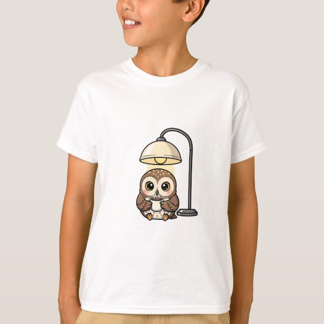 Gemütliche Kaffeeeule unter Lampe Kinder T-Shirt (Vorderseite)