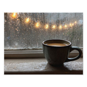 Gemütliche Kaffeetasse Regentages-Fensterlichter S Fotodruck