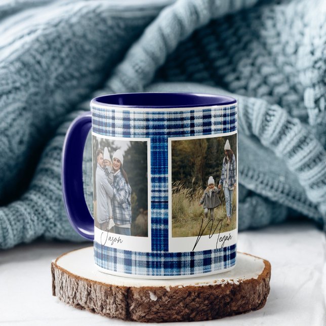 Gemütliche Karierte Stoffe in Blau und Weiß Fotos Tasse (Cozy Blue and White Plaid fabric Family Photos Mug)