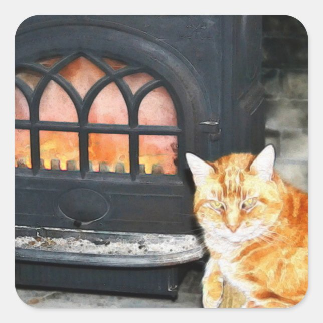 Gemütliche Katze am Feuerheber Quadratischer Aufkleber (Vorderseite)