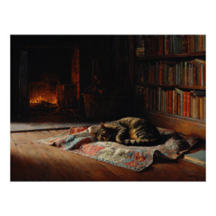 Gemütliche Katze am Kamin Bibliothek Szene Poster