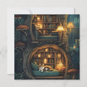 Gemütliche Katze in einer Bibliothek mit magischen Feiertagskarte
