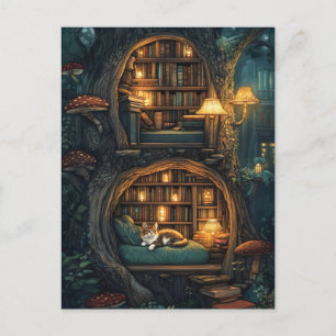 Gemütliche Katze in einer Bibliothek mit magischen Feiertagspostkarte