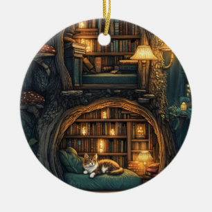 Gemütliche Katze in einer Bibliothek mit magischen Keramik Ornament