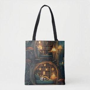 Gemütliche Katze in einer Bibliothek mit magischen Tasche