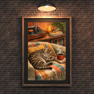 Gemütliche Katze und Coffee Vinyl Szene, Schlafend Poster