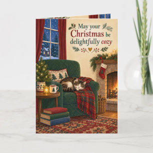 Gemütliche Katze und Kamin Weihnachtskarte Karte