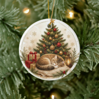Gemütliche Katze unter dem Weihnachtsbaum-Ornament Keramik Ornament