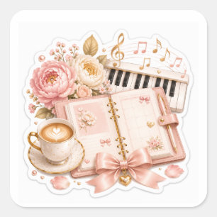 Gemütliche Klavier-Kaffee-Blumen-Aufkleber Quadratischer Aufkleber