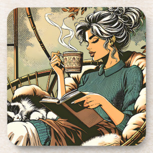 Gemütliche Lady Reading mit Kaffee und Katze Getränkeuntersetzer