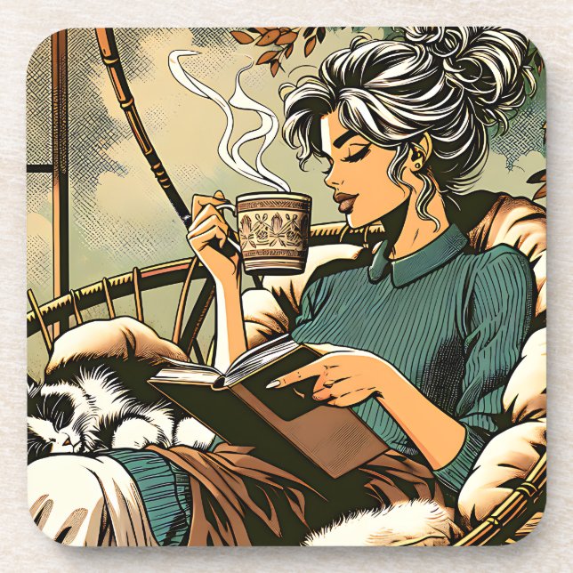 Gemütliche Lady Reading mit Kaffee und Katze Getränkeuntersetzer (Vorderseite)